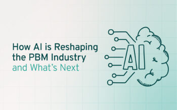 Graphic titled 'How AI is Reshaping the PBM Industry and What's Next' featuring a stylized brain with AI circuit connections on a light mint green background.