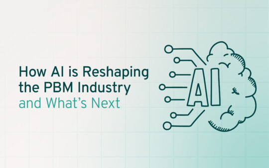 Graphic titled 'How AI is Reshaping the PBM Industry and What's Next' featuring a stylized brain with AI circuit connections on a light mint green background.