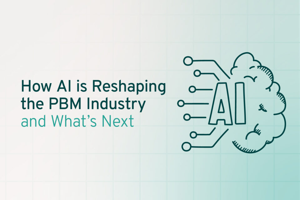 Graphic titled 'How AI is Reshaping the PBM Industry and What's Next' featuring a stylized brain with AI circuit connections on a light mint green background.